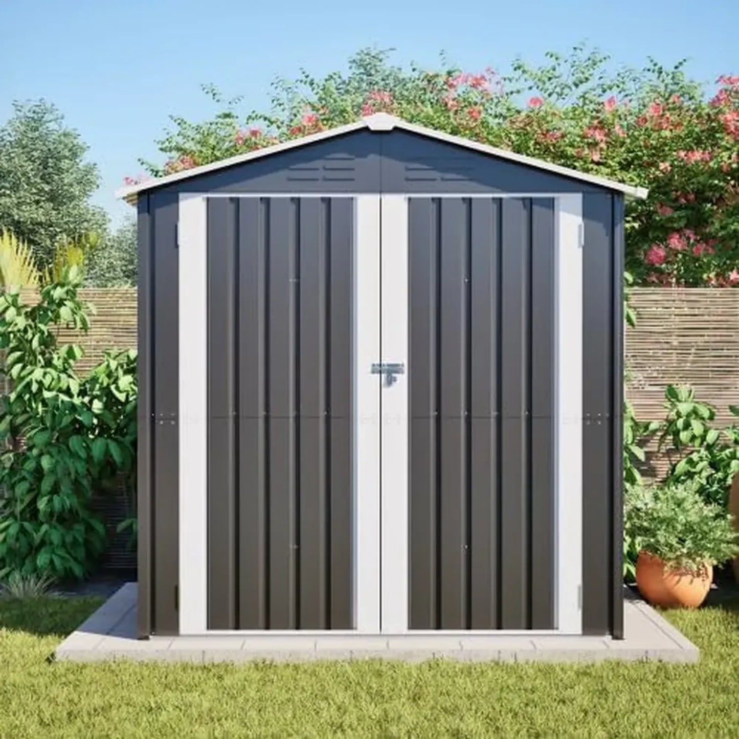 Cabanon de Jardin Métallique 142x185 cm avec Fondation - Garage Vélo/Moto Sécurisé, Aéré et Imperméable - Couleur Grise