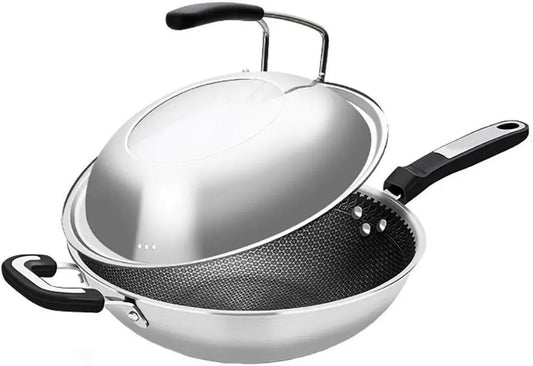 Wok Universel en Acier Inoxydable 34cm avec Couvercle pour Induction