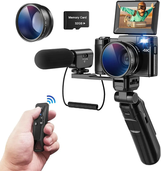 Appareil Photo Numérique 4K 48MP, Écran Pivotant 180° avec Zoom 16X, Trépied et Micro, Lentilles Grand Angle et Macro, Télécommande, Carte 32GB